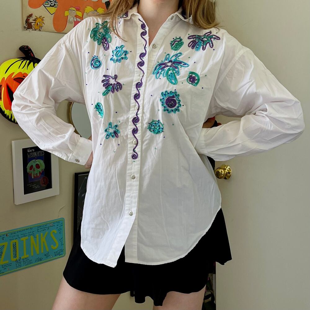 Vintage Y2K Carole Little Sport White Blue Beaded Blouse Size 4 Oversized Fit